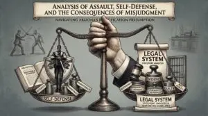Justified Force Arizona self-defense law illustration showing scales of justice weighing assault charges against legal justification